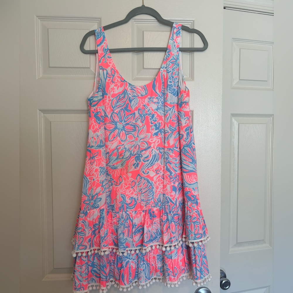 Lilly Pulitzer Pink Floral Dress with Pom Pom Tiers